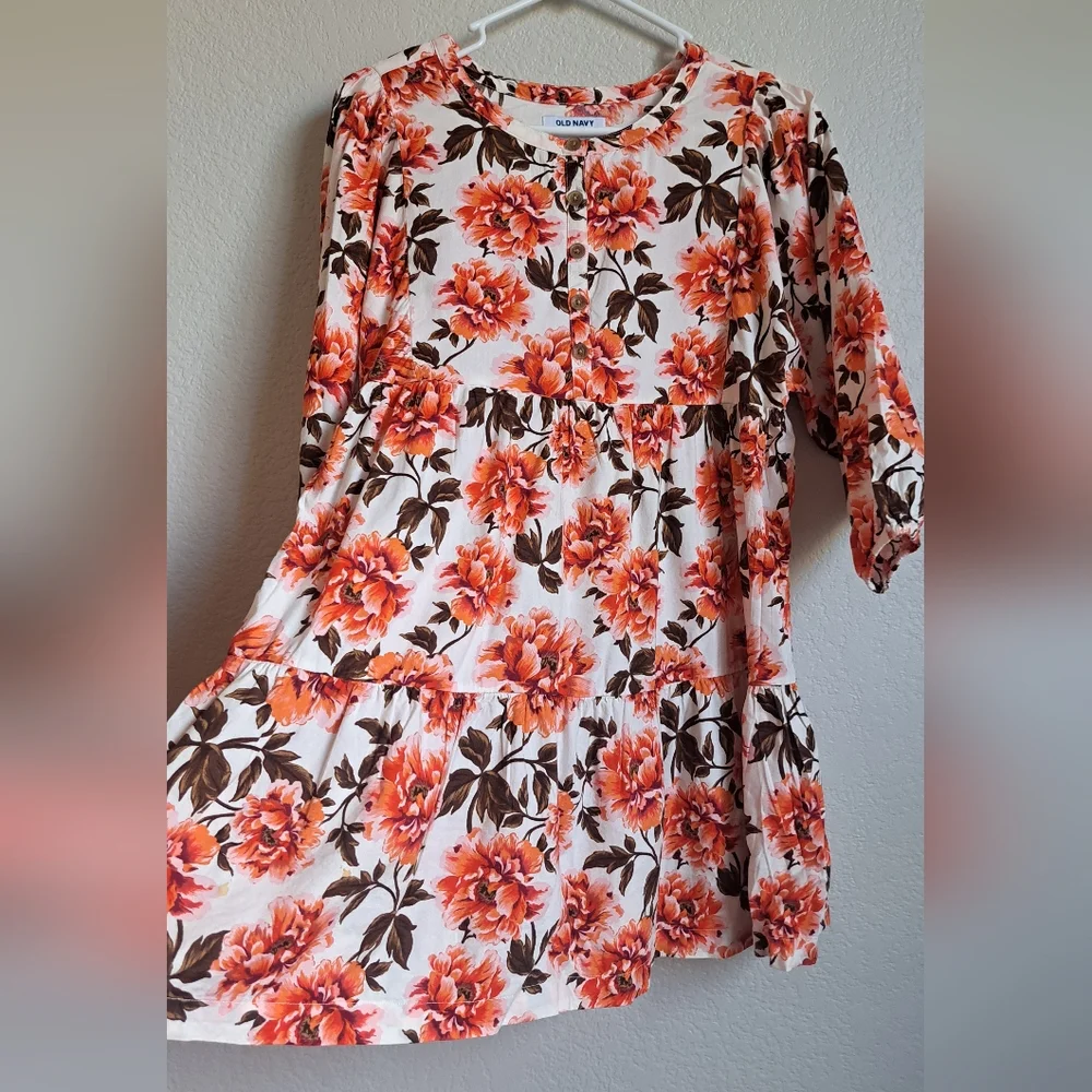 Old Navy Girls Orange Floral Longsleeve Swing Dress Size Large 10-12